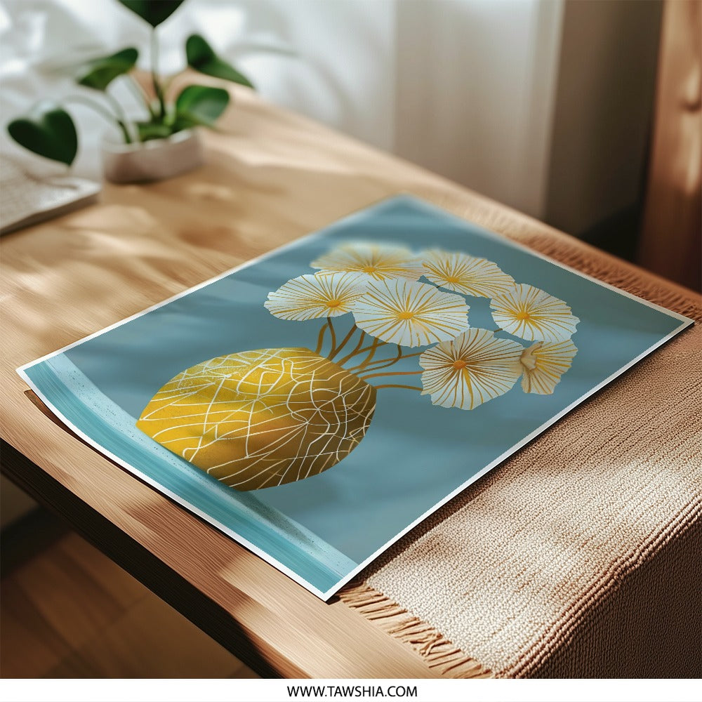 White Flowers Photographic Print, Yellow Vase Wall Art, Floral Illustration Still Life Photography, Botanical Home Decor Art Print - Tawshia