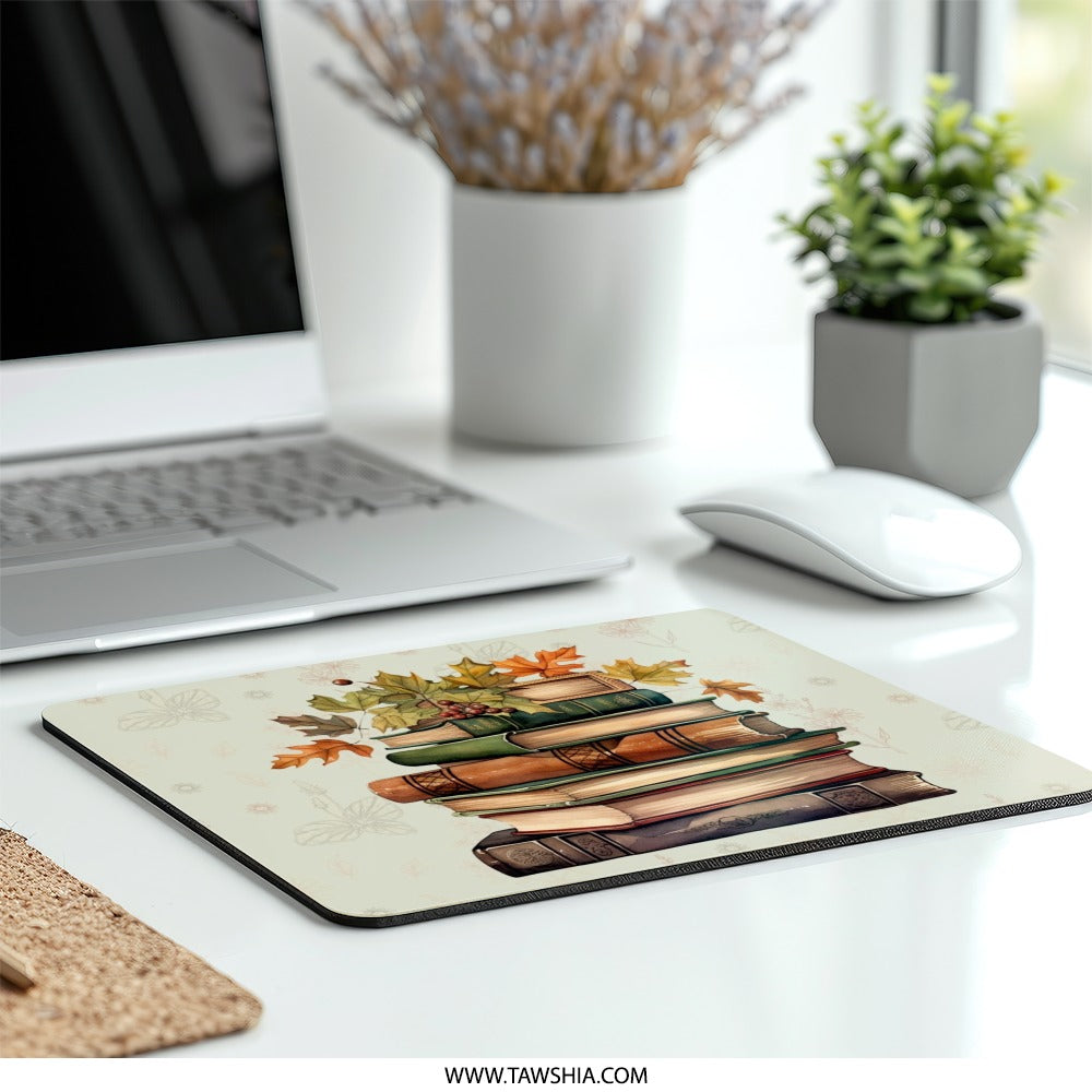 Stacked Books MousePad, Autumn Leaves Design Mouse Pad, Fall Season Mousepad, Cozy Study Desk Decor, Book Lover Gift, Teacher Appreciation - Tawshia