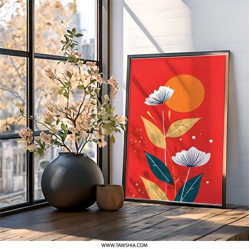 Floral Wall Art, Orange Sun, Flower Illustration, Modern Art Print, Botanical Decor, Living Room Art, Home Decor, Gift Idea (133) - Tawshia