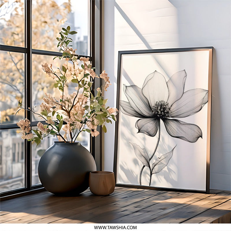 Floral Wall Art, Black and White Flower Print, Minimalist Botanical Art, Line Art Flower Drawing, Modern Home Decor, Floral Illustration - Tawshia