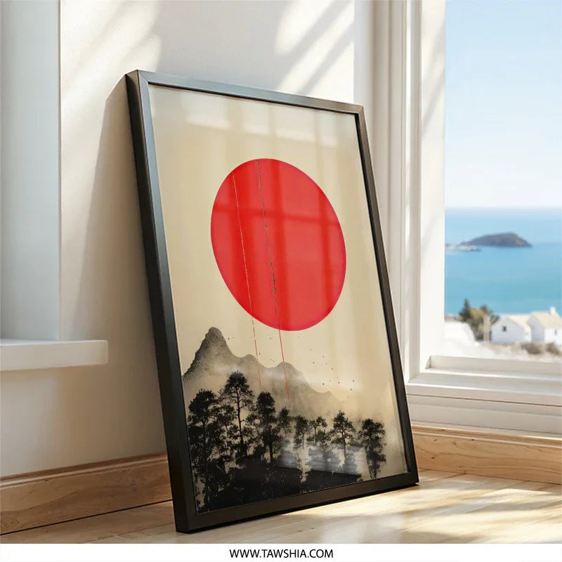 Japanese Sunrise Wall Art, Minimalist Landscape Print, Red Sun Mountain Painting, Asian Inspired Home Decor, Contemporary Artwork - Tawshia