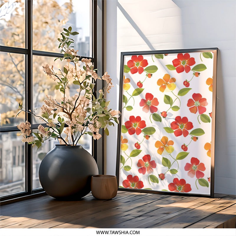Floral Wall Art Print, Botanical Wall Decor, Red and Yellow Flowers, Floral Home Decor, Flower Pattern, Wall Decor Art Print, Wall Art - Tawshia
