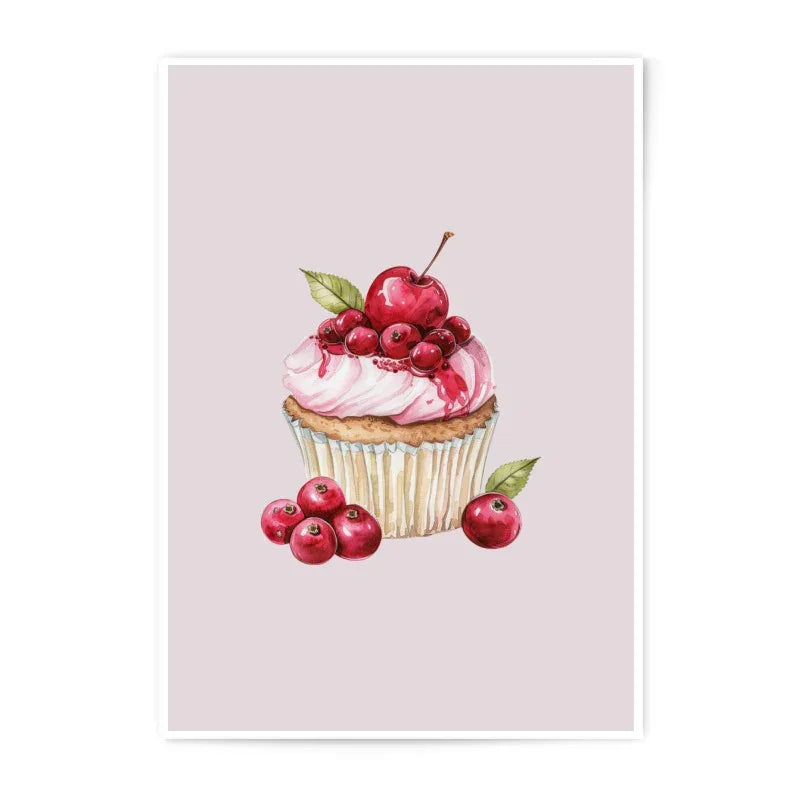 Cherry Cupcake Photographic Prints, Watercolor Painting Prints, Food Dessert Art, Kitchen Decor, Home Wall Art, Gift Idea - Tawshia