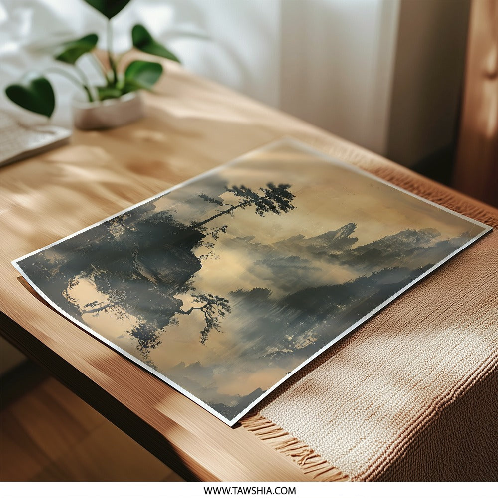 Asian Landscape Photographic Print, Misty Mountains Art Print, Oriental Nature Wall Art, Scenic Asian Decor, Pine Trees Scenery - Tawshia