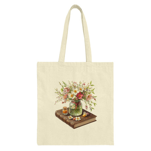 Floral Bouquet Tote Bag, Book and Flowers Design, Vintage Style Canvas Bag, Everyday Tote, Gift for Book Lovers, Cottagecore Aesthetic - Tawshia