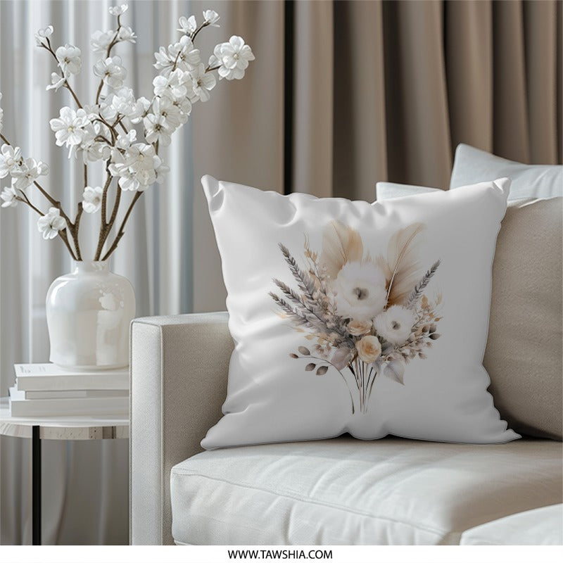 Boho Floral Pillow, Neutral Flowers, Elegant Feather Design, Throw Pillow, Decorative Pillow, Accent Pillow, Housewarming Gift - Tawshia