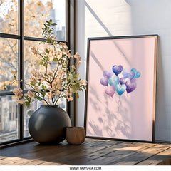 Heart Balloons Wall Art, Watercolor Hearts Print, Pink Background, Love Wall Decor, Nursery Art, Valentine's Day Gift, Anniversary Gift - Tawshia