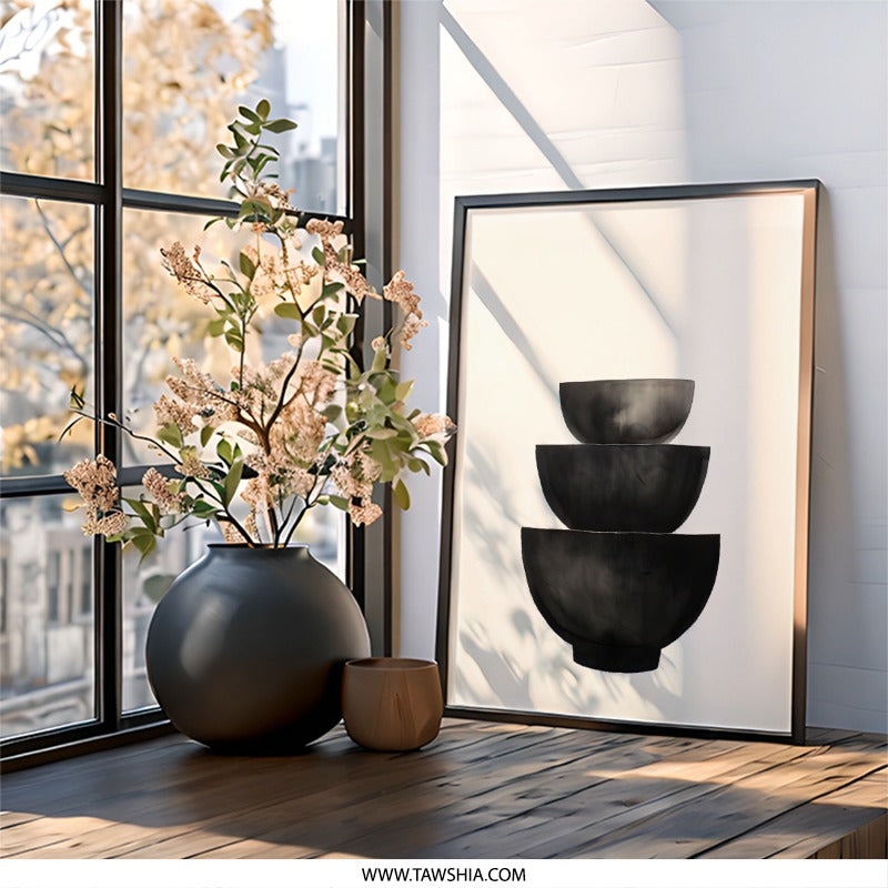 Stacked Bowls Wall Art, Minimalist Kitchen Decor, Black and White Print, Modern Wall Decor, Home Decor - Tawshia