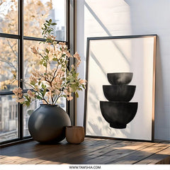 Stacked Bowls Wall Art, Minimalist Kitchen Decor, Black and White Print, Modern Wall Decor, Home Decor - Tawshia