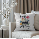 Focus on Positivity Pillow, Camera Pillow, Floral Pillow, Inspirational Home Decor Pillow, Photographer Gift Pillow, Decorative Pillow - Tawshia