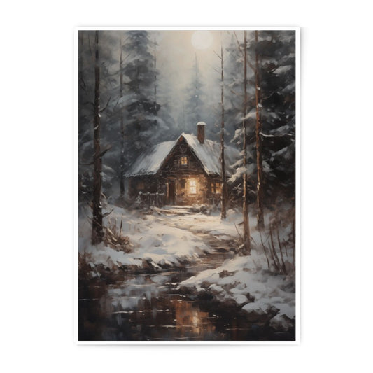 Winter Cabin Photographic Print, Snowy Forest Home Art, Cozy Home Decor, Landscape Photography, Holiday Gift Idea - Tawshia