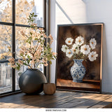 White Cosmos Wall Art, Floral Still Life Print, Blue and White Vase, Classic Flower Art, Elegant Home Decor, Timeless Artwork - Tawshia