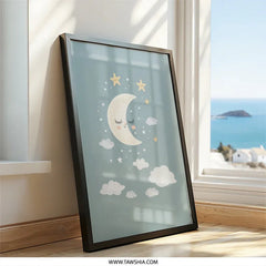 Moon and Stars Wall Art, Nursery Decor, Sleeping Moon Print, Baby Room Art, Celestial Wall Decor, Kids Room Decor, Dreamy Wall Art - Tawshia