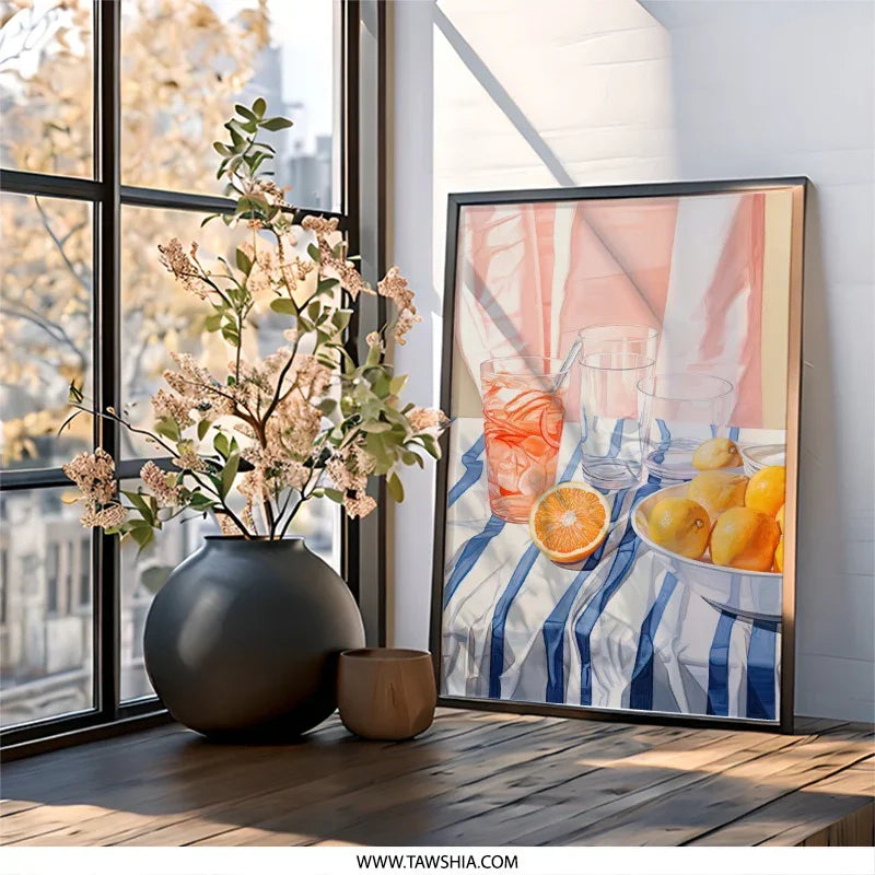 Citrus Still Life Wall Art, Summer Drink Print, Kitchen Wall Decor, Modern Food Artwork, Orange Lemon Art Print, Minimalist Wall Art - Tawshia