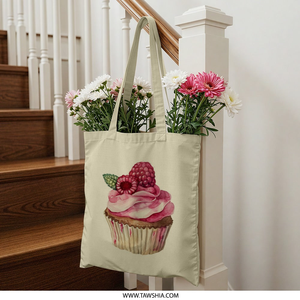 Raspberry Cupcake Tote Bag, Sweet Treat Design, Watercolor Style Bag, Cute Cupcake Art, Foodie Gift, Reusable Shopping Bag, Everyday Tote - Tawshia
