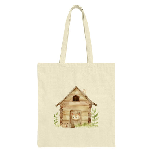 Log Cabin Tote Bag, Cottagecore Tote, Rustic House Bag, Animal Art Tote, Woodland Creature Design, Nature Lover Gift, Cute Tote Bag - Tawshia