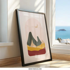Minimalist Mountain Moon Wall Art, Abstract Landscape Print, Boho Home Decor, Earth Tone Art, Contemporary Wall Decor - Tawshia