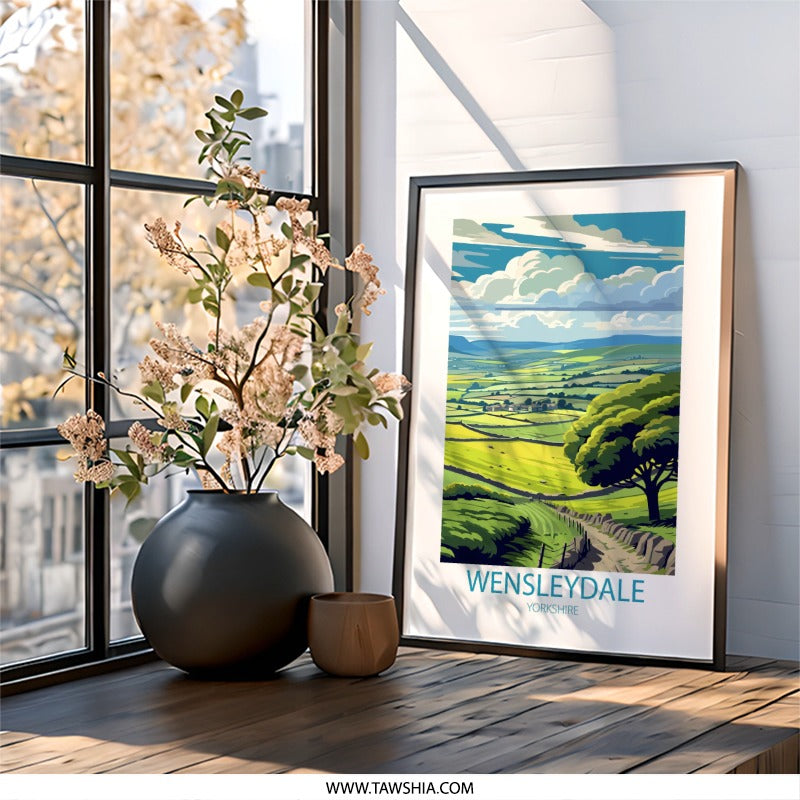 Wensleydale Yorkshire Wall Art, Landscape Illustration Print, Scenic Travel Poster, UK Scenery Art, Countryside Painting, Framed Art - Tawshia