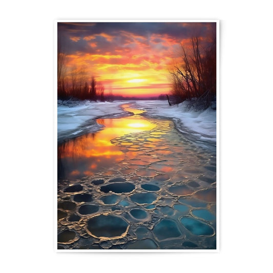 Winter Sunset River Photographic Print, Icy Landscape Art, Frozen River Photography, Nature Wall Decor, Warm Color Photo - Tawshia