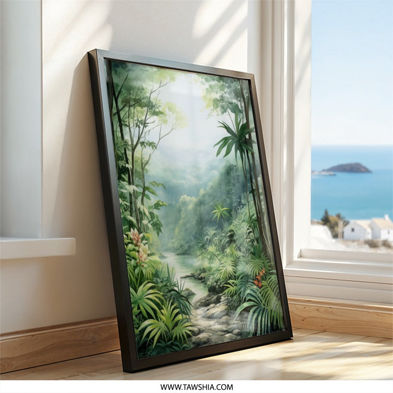 Tropical Forest Wall Art, Jungle Landscape Print, Lush Greenery Decor, Nature Painting Artwork, Exotic Scenery Poster - Tawshia