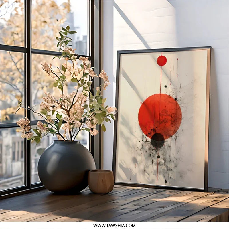 Red Circle Wall Art, Abstract Geometric Print, Modern Home Decor, Contemporary Art Print, Minimalist Wall Decor, Living Room Art, Framed - Tawshia