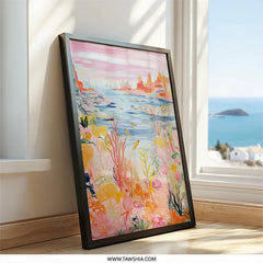 Floral Landscape Wall Art, River View Artwork, Birds Painting, Pink Sky Scenery Print, Cityscape Illustration, Nature Home Decor - Tawshia