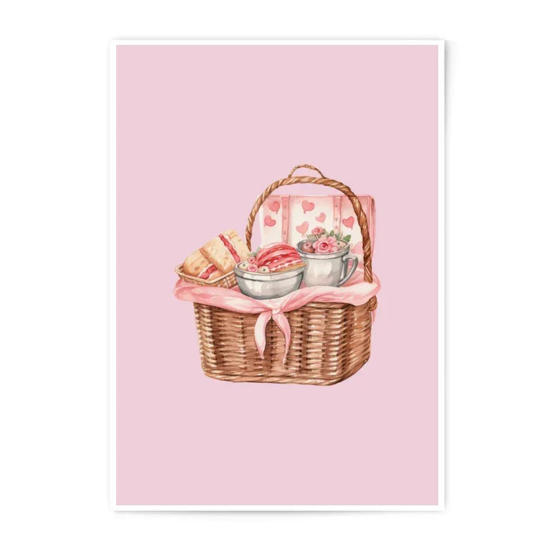 Picnic Basket Photographic Prints, Food Art Prints, Romantic Decor, Kitchen Wall Art, Watercolor Art, Valentine's Day Prints - Tawshia