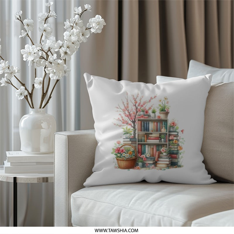Bookshelf Pillow, Floral Pillow, Pink Flower Tree, Book Lover Gift, Spring Decor, Cozy Home Decor, Decorative Throw Pillow - Tawshia