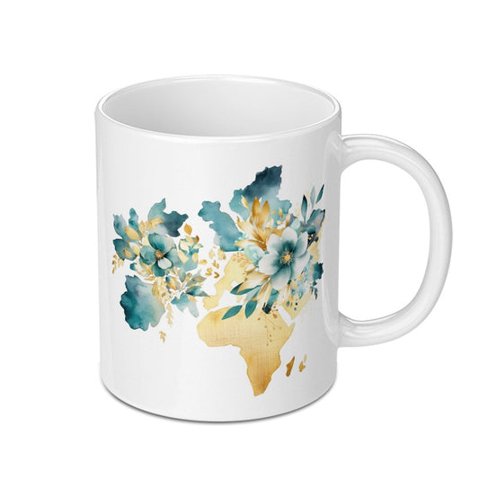 Floral World Map Mug, Teal and Gold Coffee Mug, Travel Lover Gift, Globe Trotting Mug, Watercolor Flower Mug, Artistic Mug Gift - Tawshia