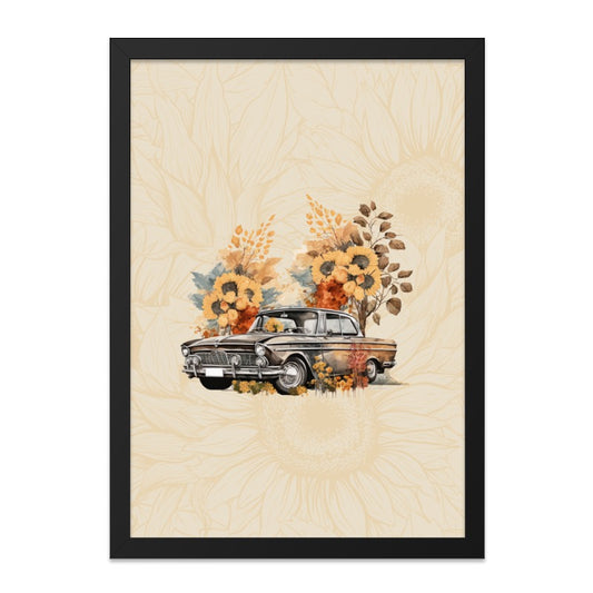 Vintage Car Framed Wall Art, Sunflower Art Print, Classic Car Poster, Automotive Decor, Retro Car Illustration, Home Wall Decor, Gift Idea - Tawshia