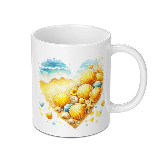 Beach Seashell Heart Mug, Ocean Lover Gift, Watercolor Coastal Mug, Beach Decor Mug, Seashells and Starfish Mug, Gift For Her, Summer Vibes - Tawshia