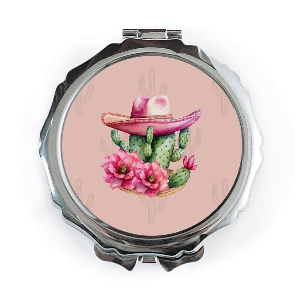 Cactus Pocket Mirror, Pink Hat Mirror, Floral Cactus Art, Western Style Mirror, Cute Small Mirror, Makeup Mirror, Travel Pocket Mirror - Tawshia