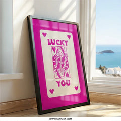 Lucky You Queen of Hearts Wall Art, Playful Card Art, Modern Home Decor, Pink Wall Art, Trendy Print, Unique Gift Idea, Wall Decor - Tawshia