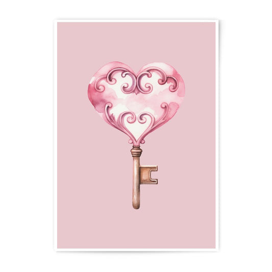 Heart Key Photographic Prints, Romantic Decor, Antique Key Art, Watercolor Key Wall Art, Pink Decor, Valentine's Day Gift, Love Art - Tawshia