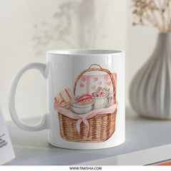 Picnic Mug, Watercolor Basket Mug, Heart Mug, Valentine's Mug, Cute Mug, Unique Mug, Gift Mug, Birthday Mug, Coffee Mug, Tea Mug - Tawshia