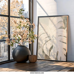 Monstera Leaf Wall Art, Beige Botanical Print, Tropical Home Decor, Boho Plant Art, Large Leaf Painting, Nature Inspired Artwork - Tawshia