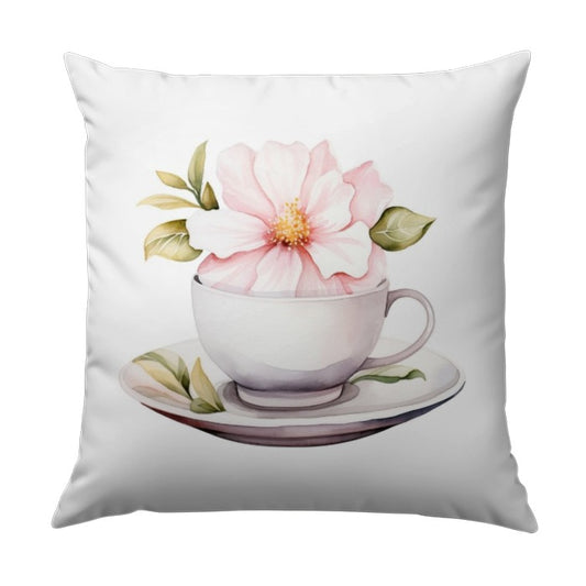 Floral Tea Cup Pillow, Watercolor Flower Pillow, Pink Blossom Pillow, Tea Party Decor, Botanical Pillow, Home Decor Accent Pillow - Tawshia