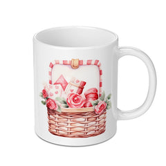 Floral Basket Mug, Roses Gift Mug, Cute Gift Mug, Watercolor Design Mug, Flowers Basket Mug, Valentine Mug, Special Occasion Mug - Tawshia