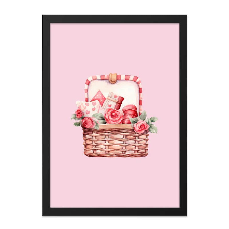 Romantic Basket Wall Art, Pink Roses Print, Valentine's Decor, Cute Basket Illustration, Anniversary Gift, Home Decor, Framed Art - Tawshia
