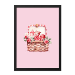 Romantic Basket Wall Art, Pink Roses Print, Valentine's Decor, Cute Basket Illustration, Anniversary Gift, Home Decor, Framed Art - Tawshia