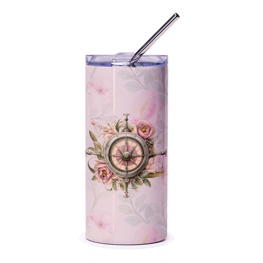 Compass Rose Tumbler, Floral Compass Tumbler, Pink Flower Design Tumbler, Travel Lover Gift, Adventure Tumbler, Personalized Tumbler - Tawshia