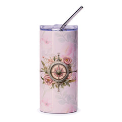 Compass Rose Tumbler, Floral Compass Tumbler, Pink Flower Design Tumbler, Travel Lover Gift, Adventure Tumbler, Personalized Tumbler - Tawshia