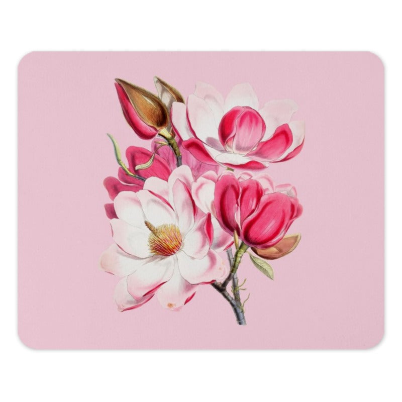 Pink Magnolia Mouse Pad, Floral Desk Decor, Botanical Mousepad, Cute Office Gift, Computer Accessory, Flower Illustration Mouse Pads - Tawshia