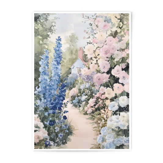 Cottage Garden Photographic Print, Floral Path Art, Watercolor Flowers, Pastel Home Decor, Peaceful Landscape, Wall Art - Tawshia