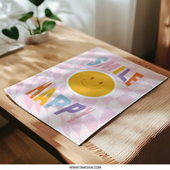 Smile Happy Photographic Print, Retro Smiley Face Art, Pink Checkered Decor, Positive Vibes Wall Art, Trendy Home Decor, Funky Print - Tawshia