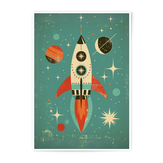 Retro Rocket Photographic Print, Space Art Print, Mid Century Modern Art, Retro Space Poster, Rocket Illustration, Outer Space Print - Tawshia