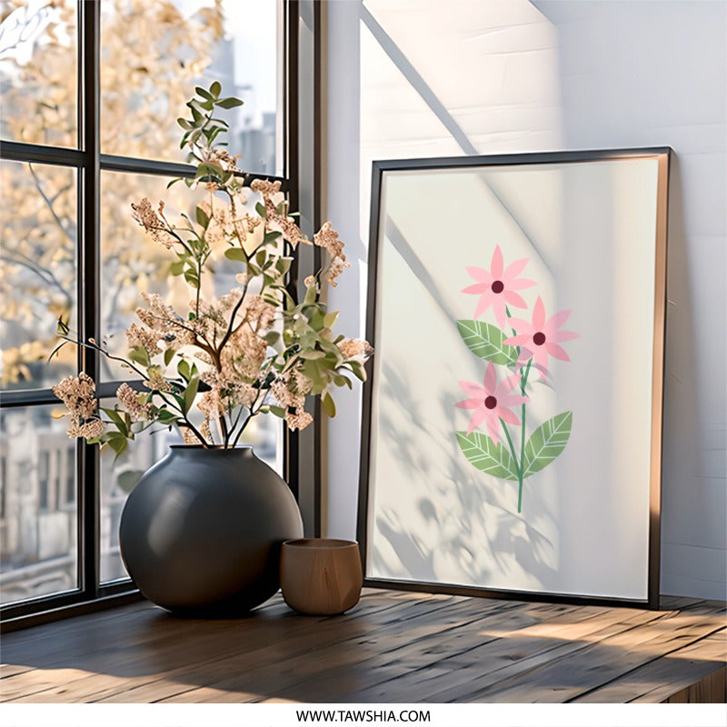 Pink Flower Wall Art, Minimalist Floral Print, Botanical Wall Decor, Simple Flower Art, Modern Home Decor - Tawshia