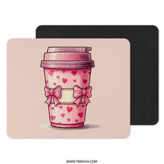 Pink Coffee Hearts Mouse Pad, Cute Bows Office Decor, Kawaii Desk Mat, Girly Computer Accessory, Valentines Day Gift Idea - Tawshia