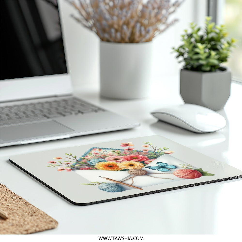 Floral Envelope Mouse Pad, Butterfly Art Mousepad, Flower Arrangement, Yarn and Pencil Art, Cute Office Decor, Unique Desk Accessory - Tawshia