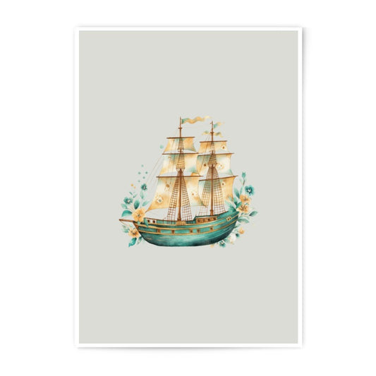 Watercolor Ship Photographic Print, Floral Boat Art, Nautical Wall Decor, Coastal Art Print, Vintage Sailing Vessel Illustration - Tawshia